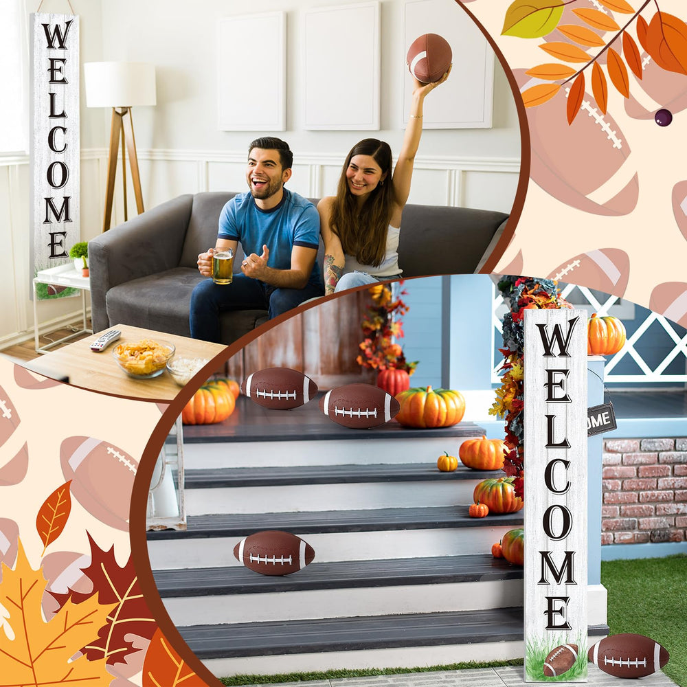 Memorywuu Fall Football Porch Sign displayed in a garden setting