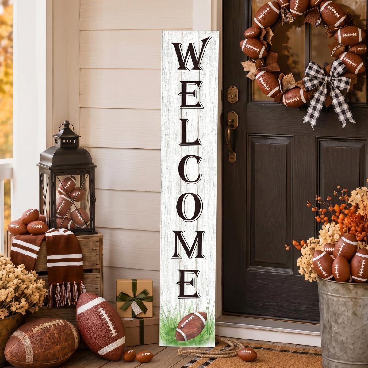 Memorywuu Fall Football Porch Sign front view with black and white design