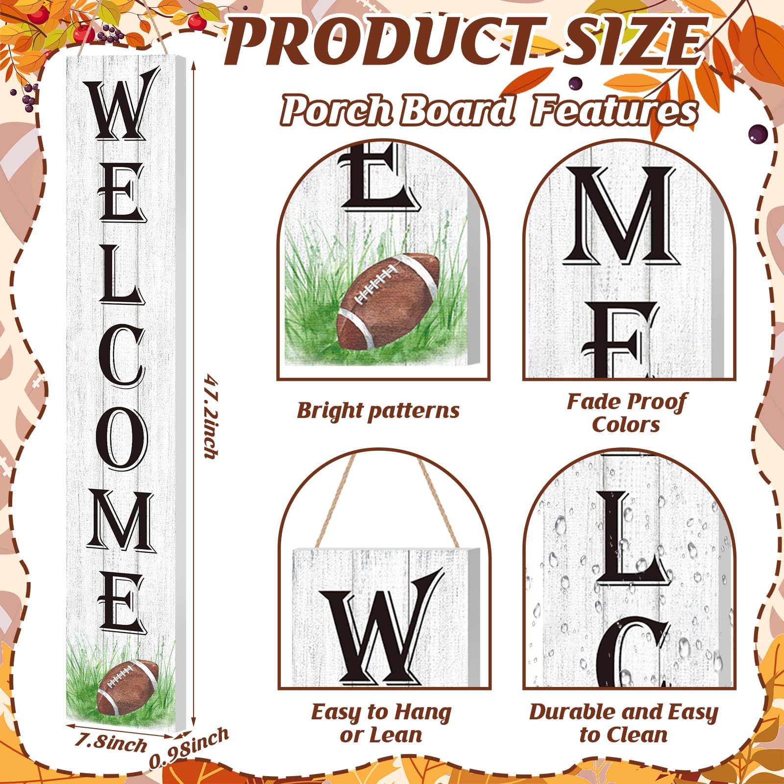 Memorywuu Fall Football Porch Sign installed on porch with autumn decorations