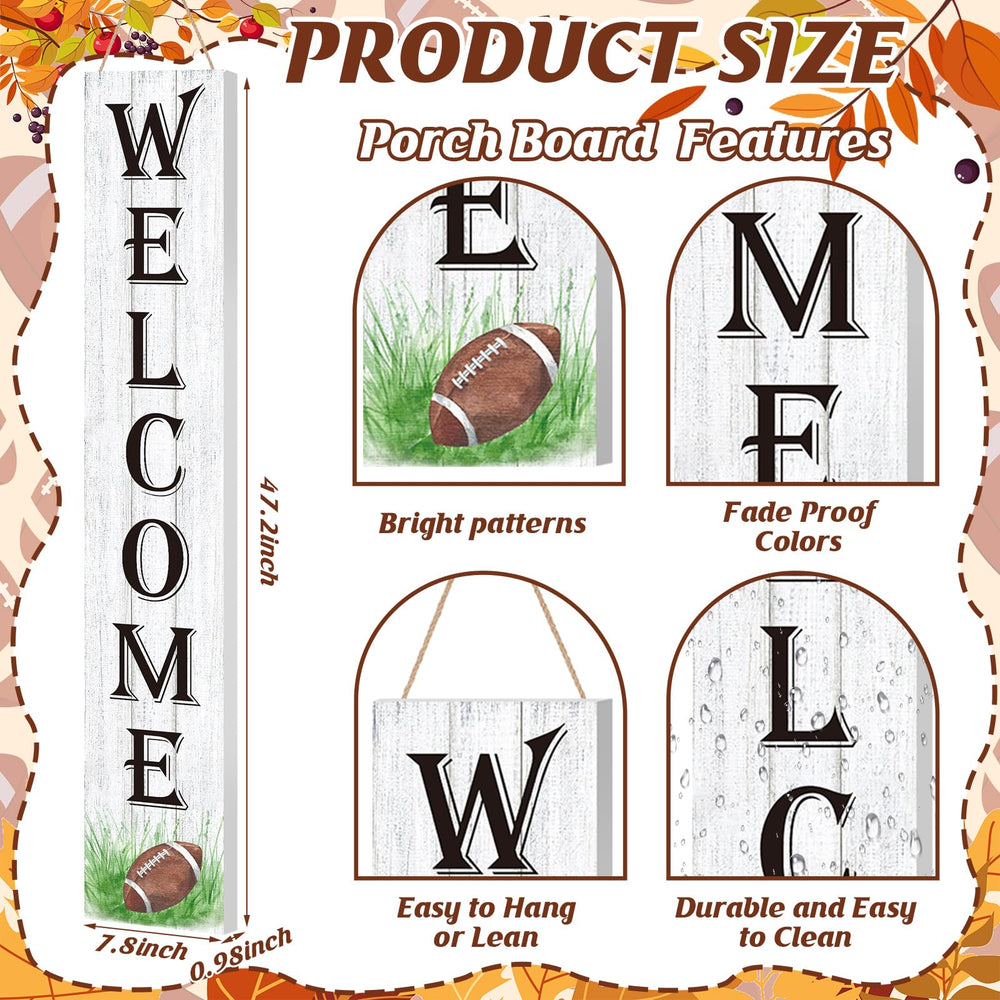 Memorywuu Fall Football Porch Sign installed on porch with autumn decorations
