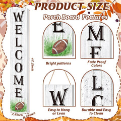 Memorywuu Fall Football Porch Sign installed on porch with autumn decorations