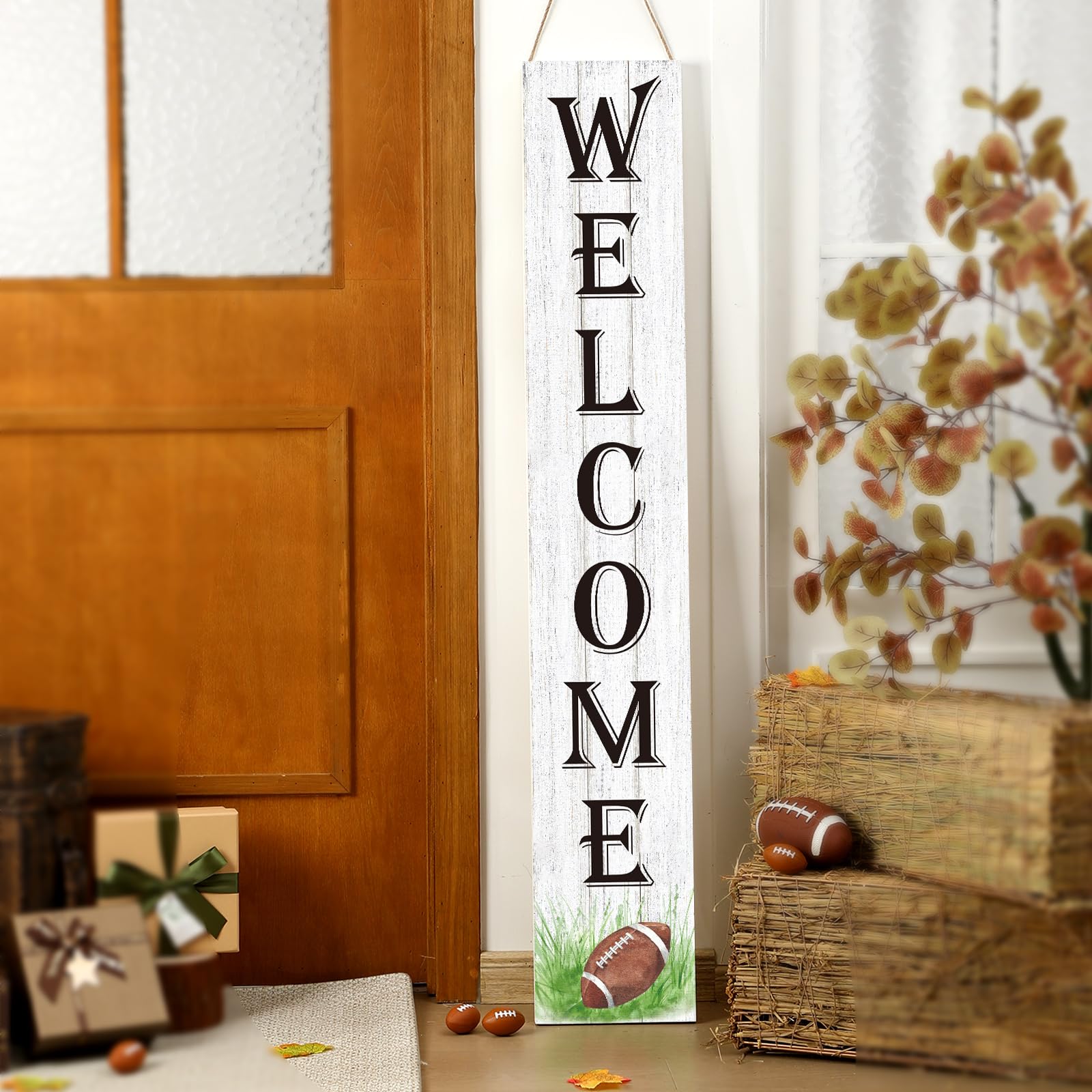 Memorywuu Fall Football Porch Sign side view showing height and craftsmanship