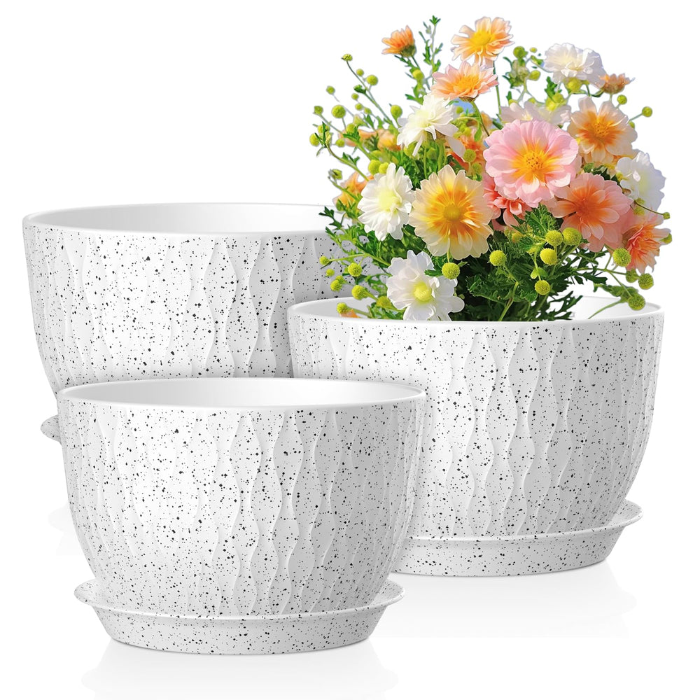 Meowell 12-inch flower pot with drainage tray in speckled white