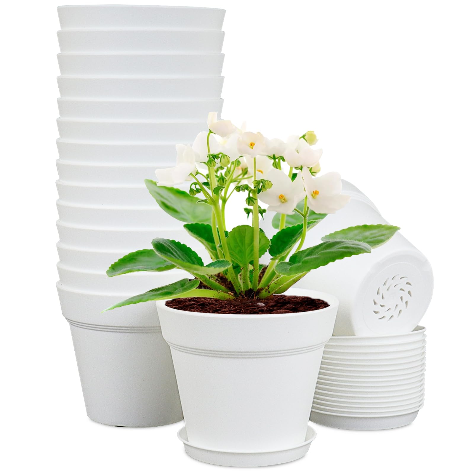 Meowell 4 inch nursery pots, white, front view with drainage holes