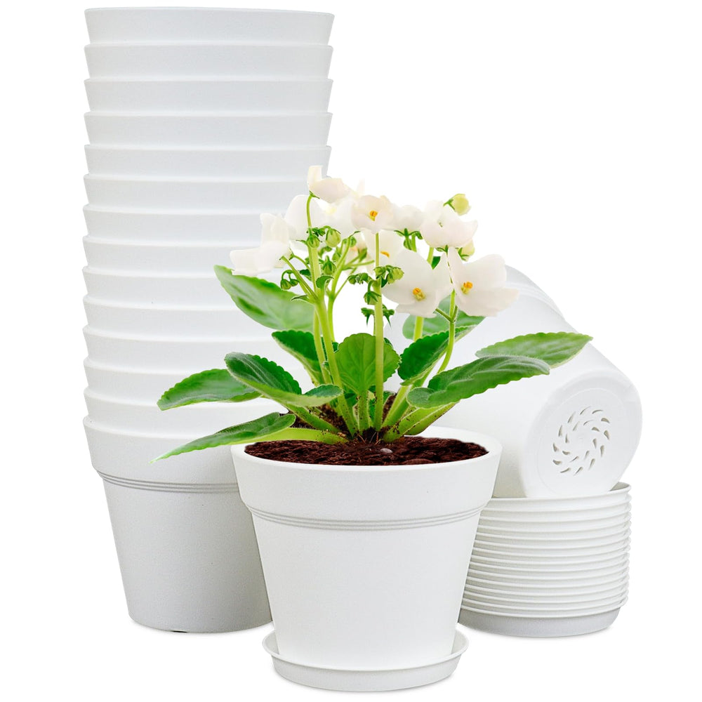 Meowell 4 inch nursery pots, white, front view with drainage holes