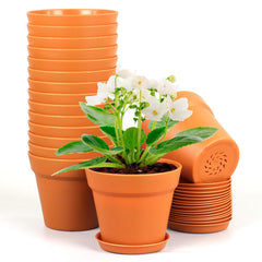Meowell 4-inch terracotta nursery pot front view with saucer