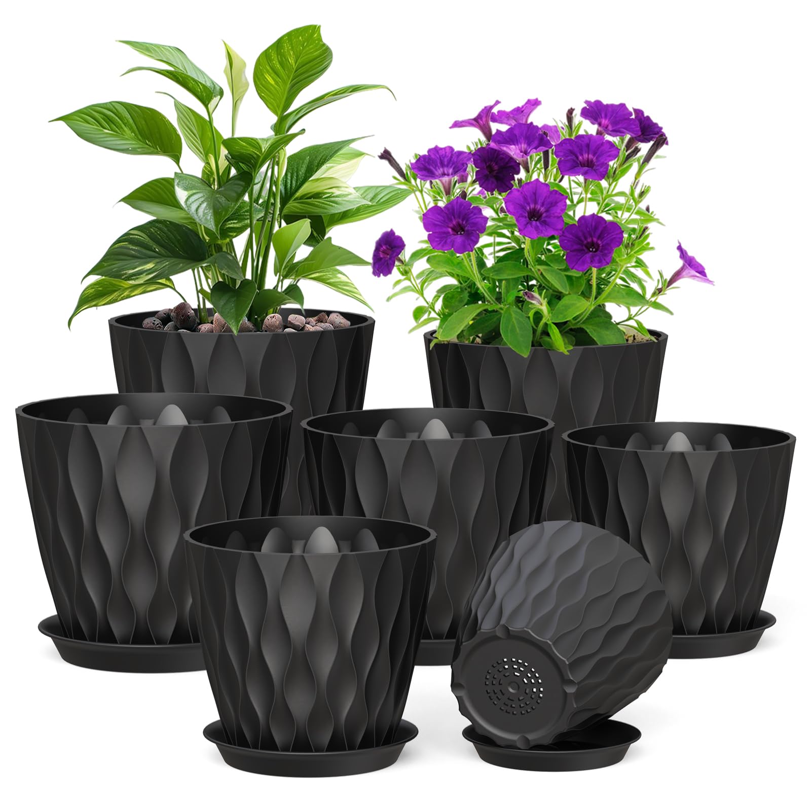 Meowell 7 pack plant pots black assorted sizes front view