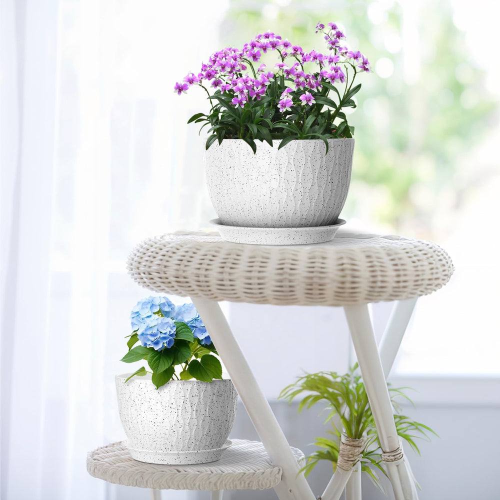 Meowell flower pots with matching saucers on a table