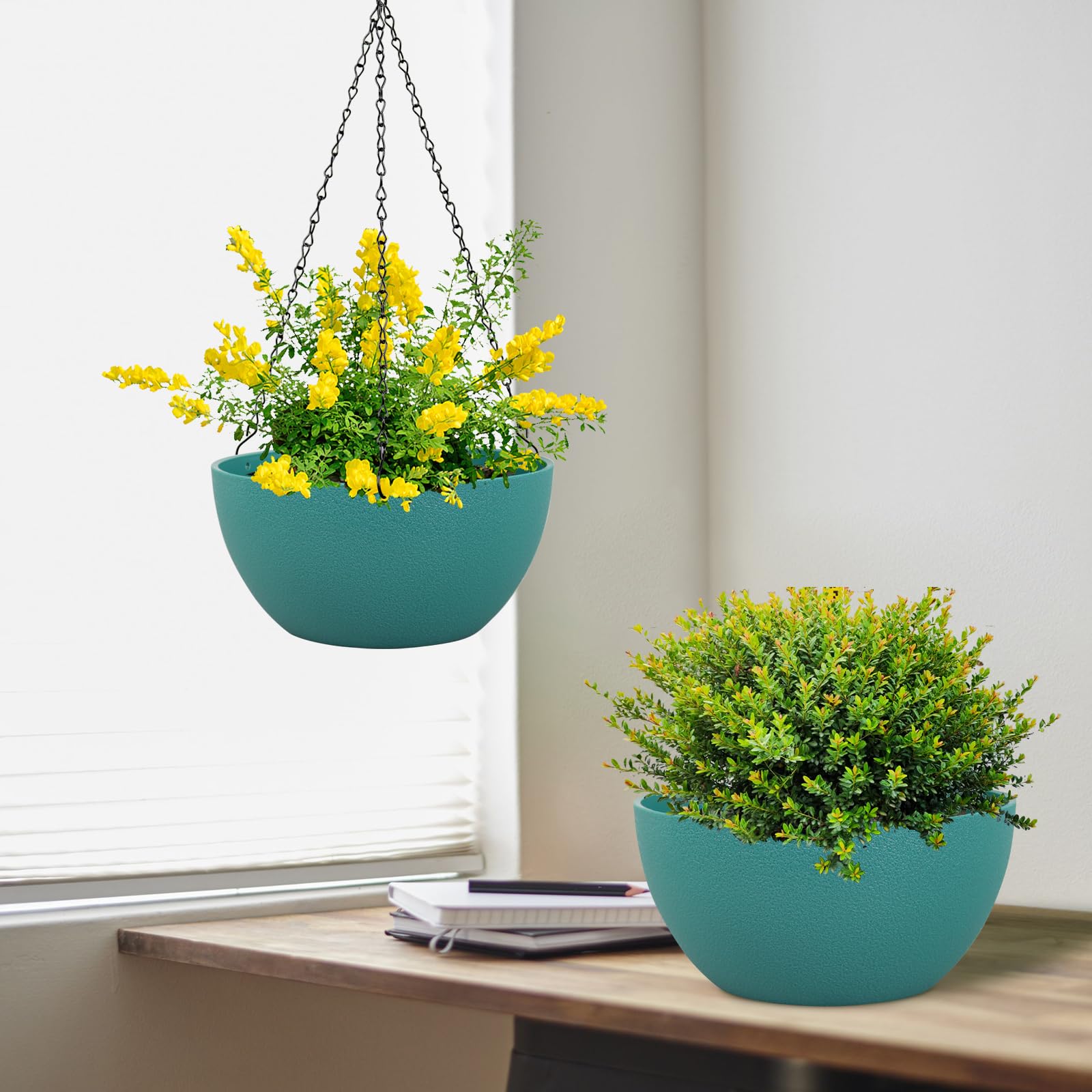 Meowell hanging planters in a garden setting