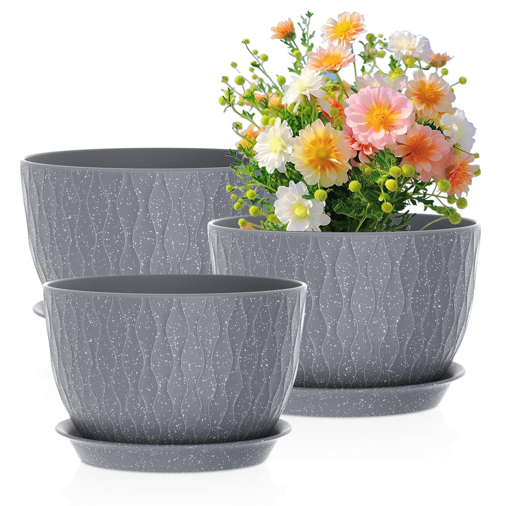 Meowell Large Flower Pots Set of 3, 12 10 9 inch, Grey with White Speckles