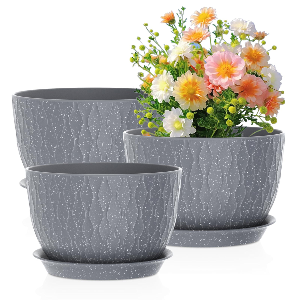 Meowell Large Flower Pots Set of 3, 12 10 9 inch, Grey with White Speckles