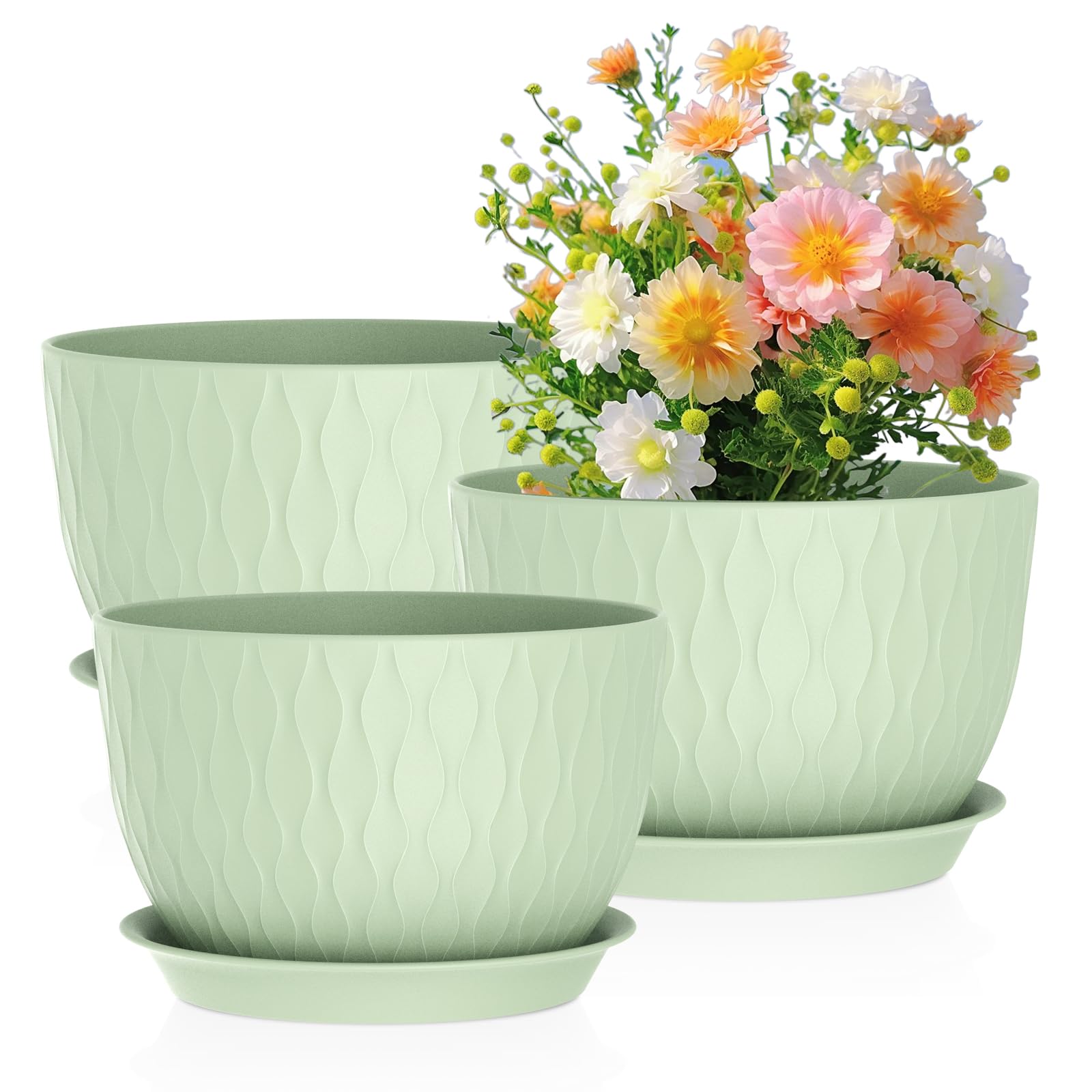 Meowell Large Flower Pots Set of 3, Green, 12 inch, 10 inch, 9 inch