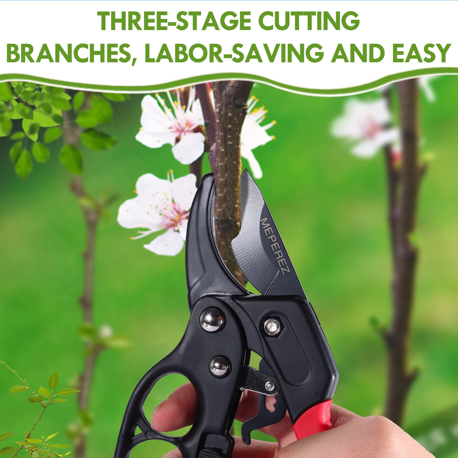 MEPEREZ pruning shears displayed against garden backdrop