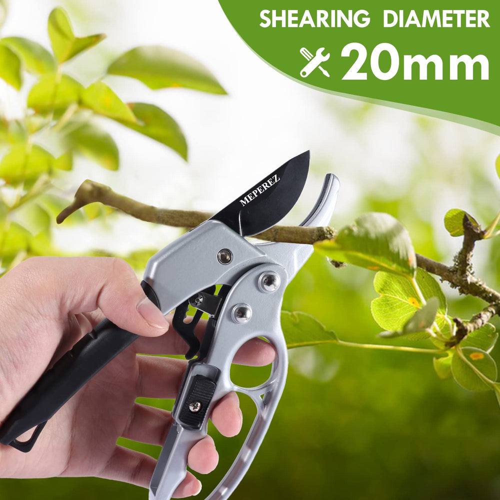 MEPEREZ pruning shears on a garden table surrounded by plants