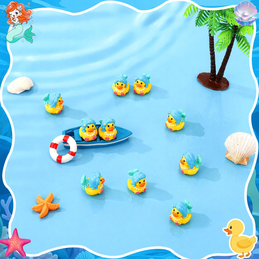 Mermaid duck figurines arranged on a cake