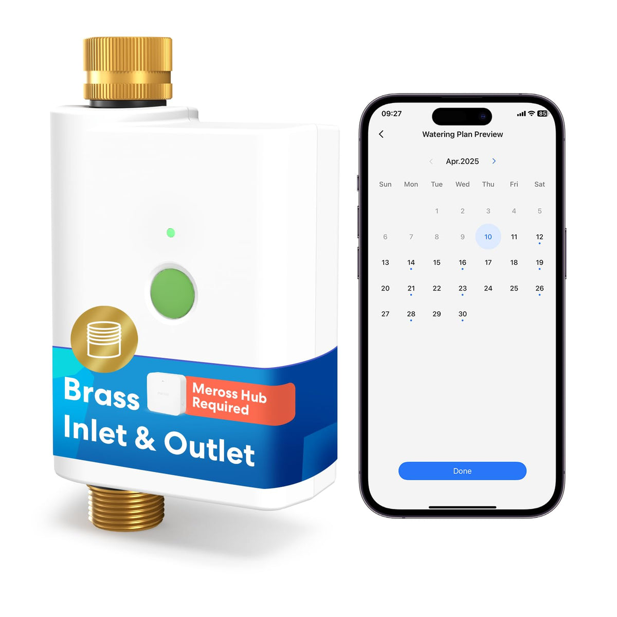 meross WiFi Water Timer front view with brass inlet and outlet