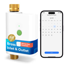 meross WiFi Water Timer front view with brass inlet and outlet