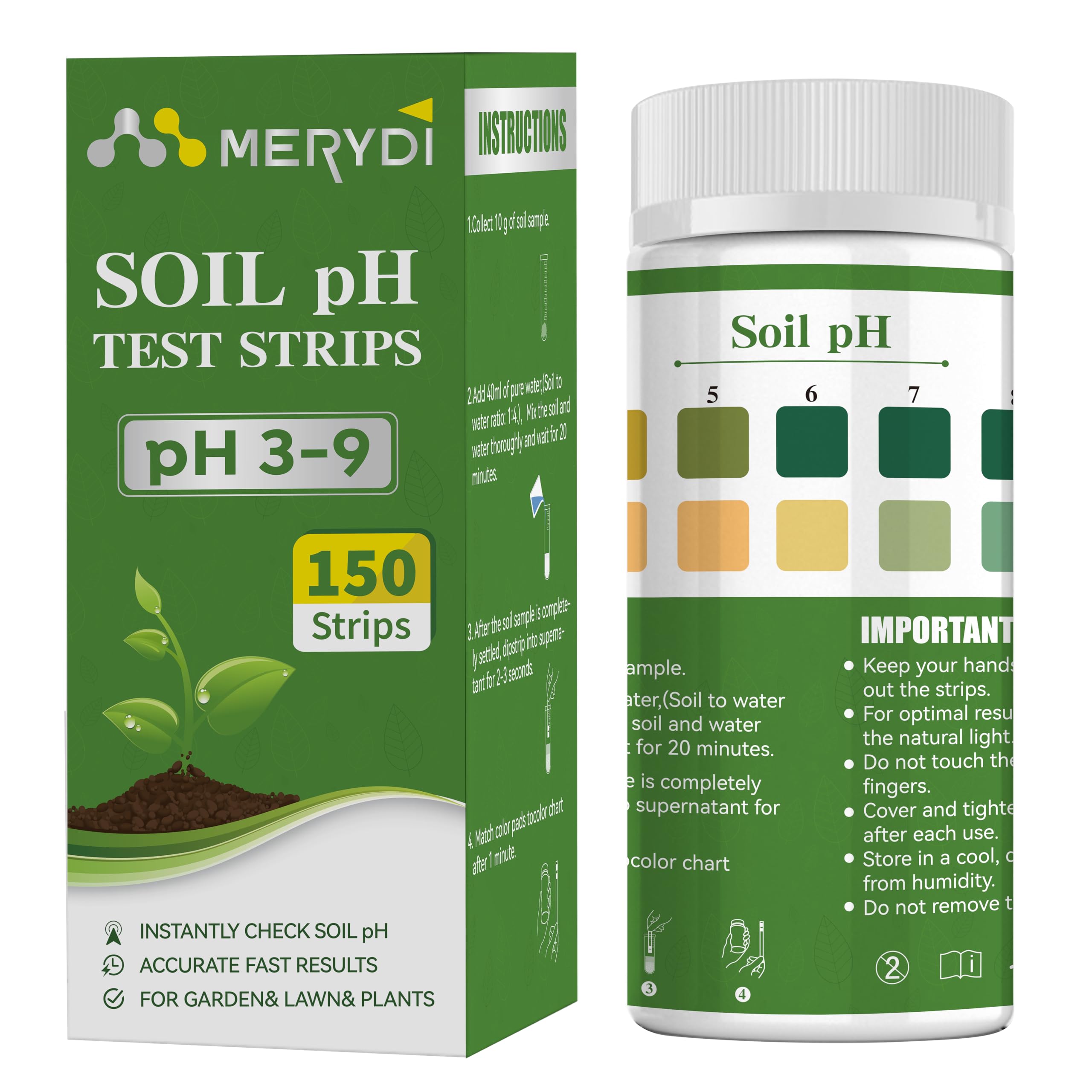 Merydi Soil pH Test Kit packaging with 150 test strips
