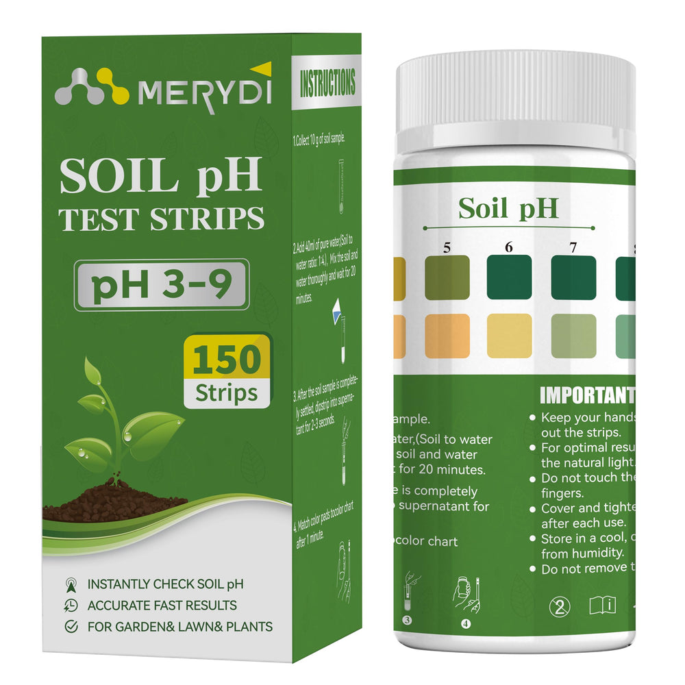 Merydi Soil pH Test Kit packaging with 150 test strips