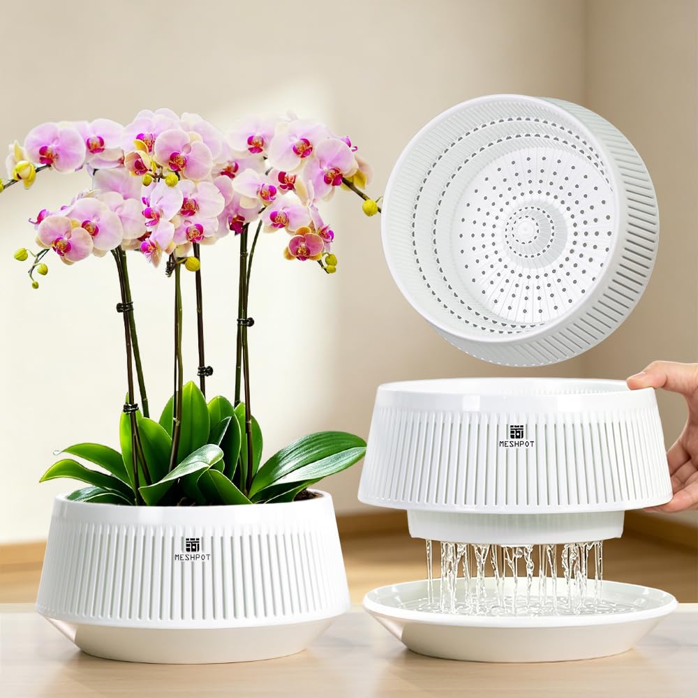 Meshpot 8-inch white orchid pot front view