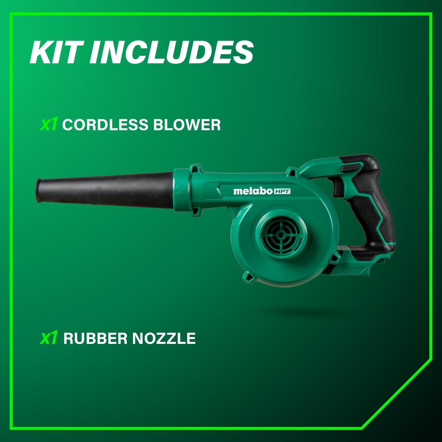 Metabo HPT 18V Cordless Compact Blower showing rubber nozzle attachment