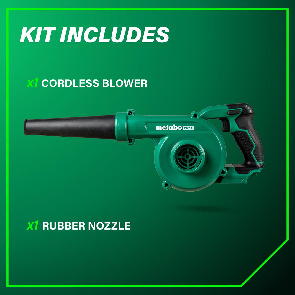 Metabo HPT 18V Cordless Compact Blower showing rubber nozzle attachment