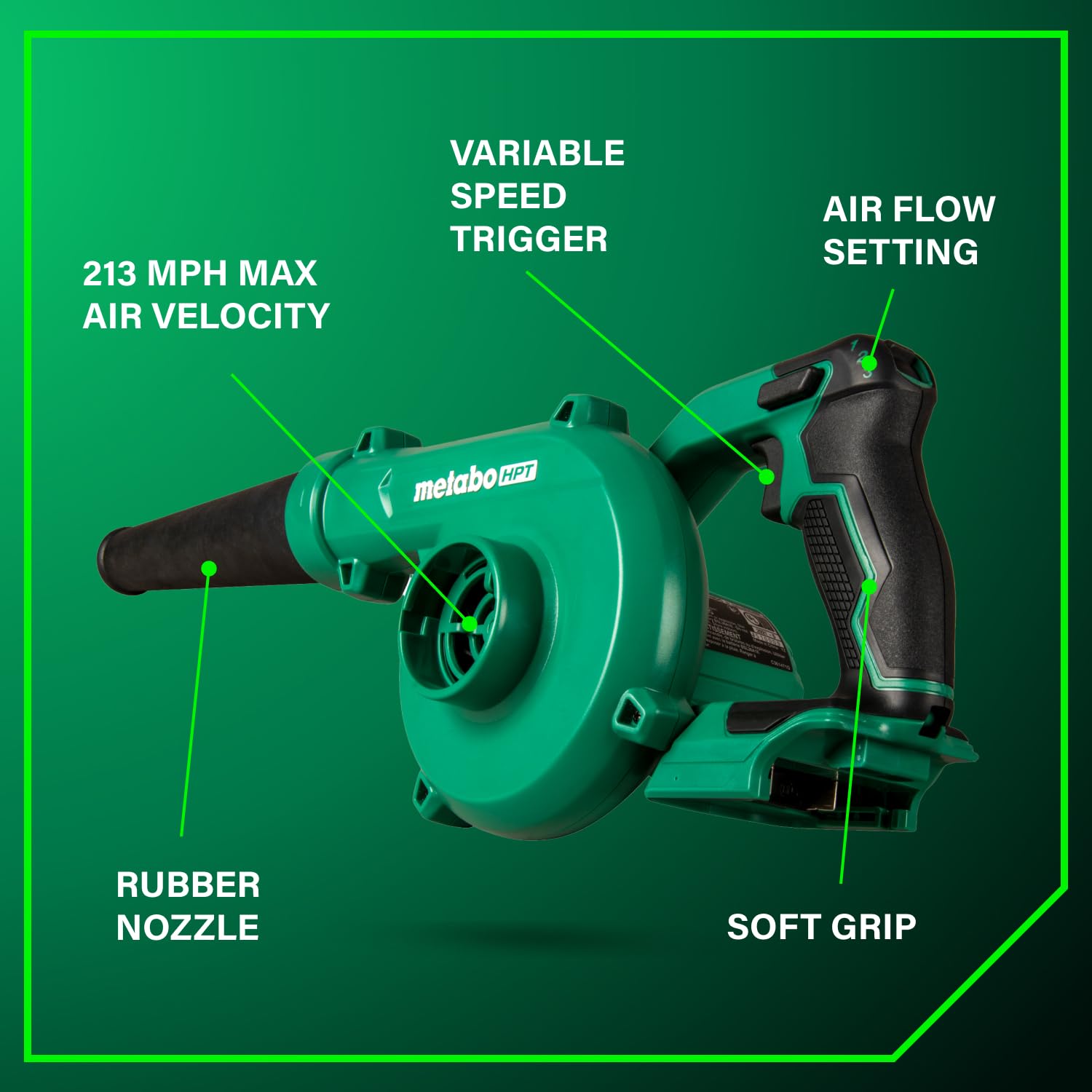 Metabo HPT 18V Cordless Compact Blower with variable speed trigger highlighted