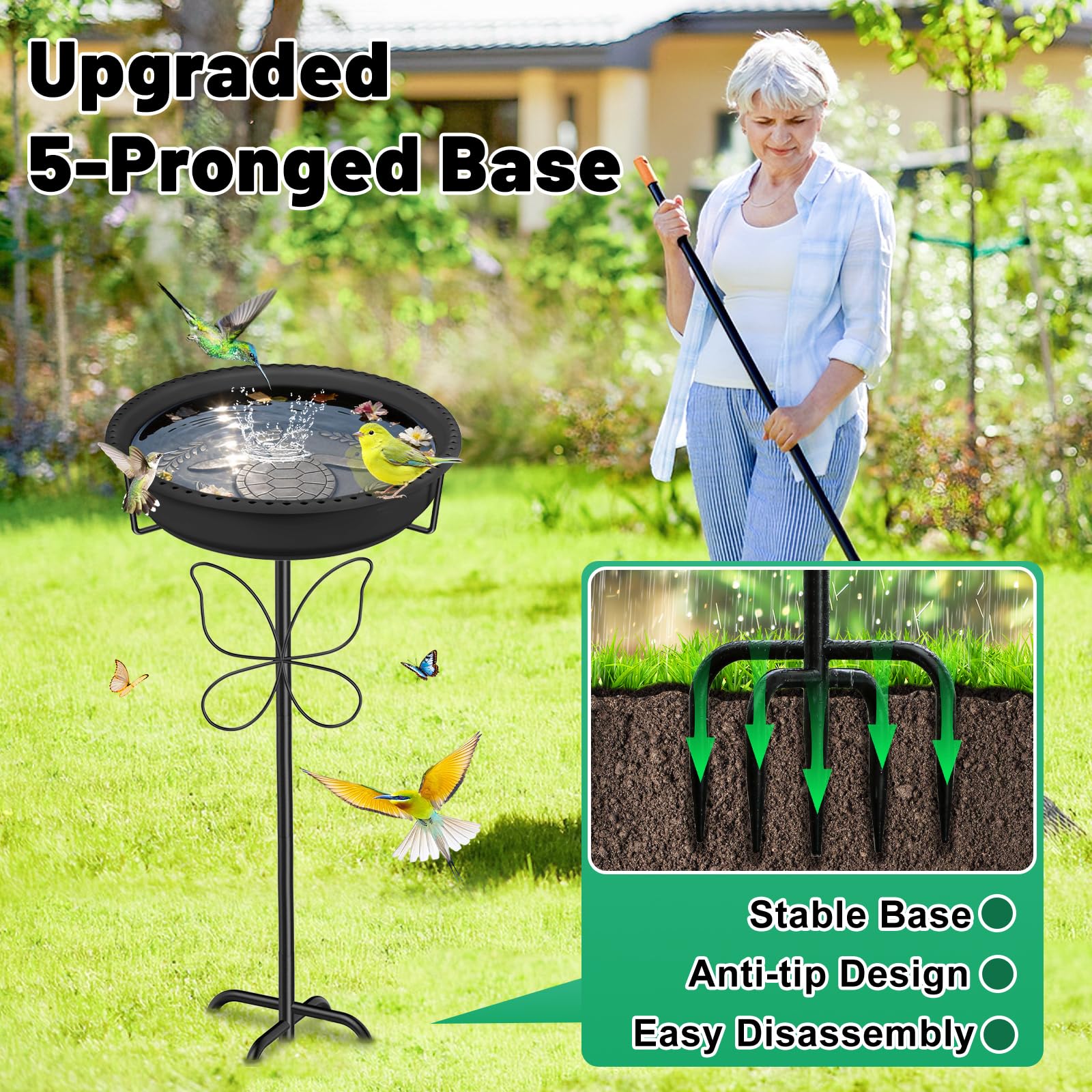 Metal butterfly pillar of YOADEHOA Bird Bath with relief carvings