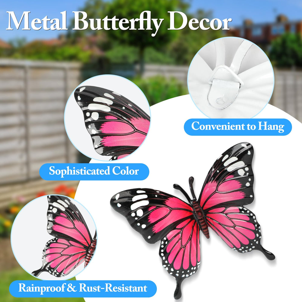 Metal butterfly wall decor hanging on a garden fence