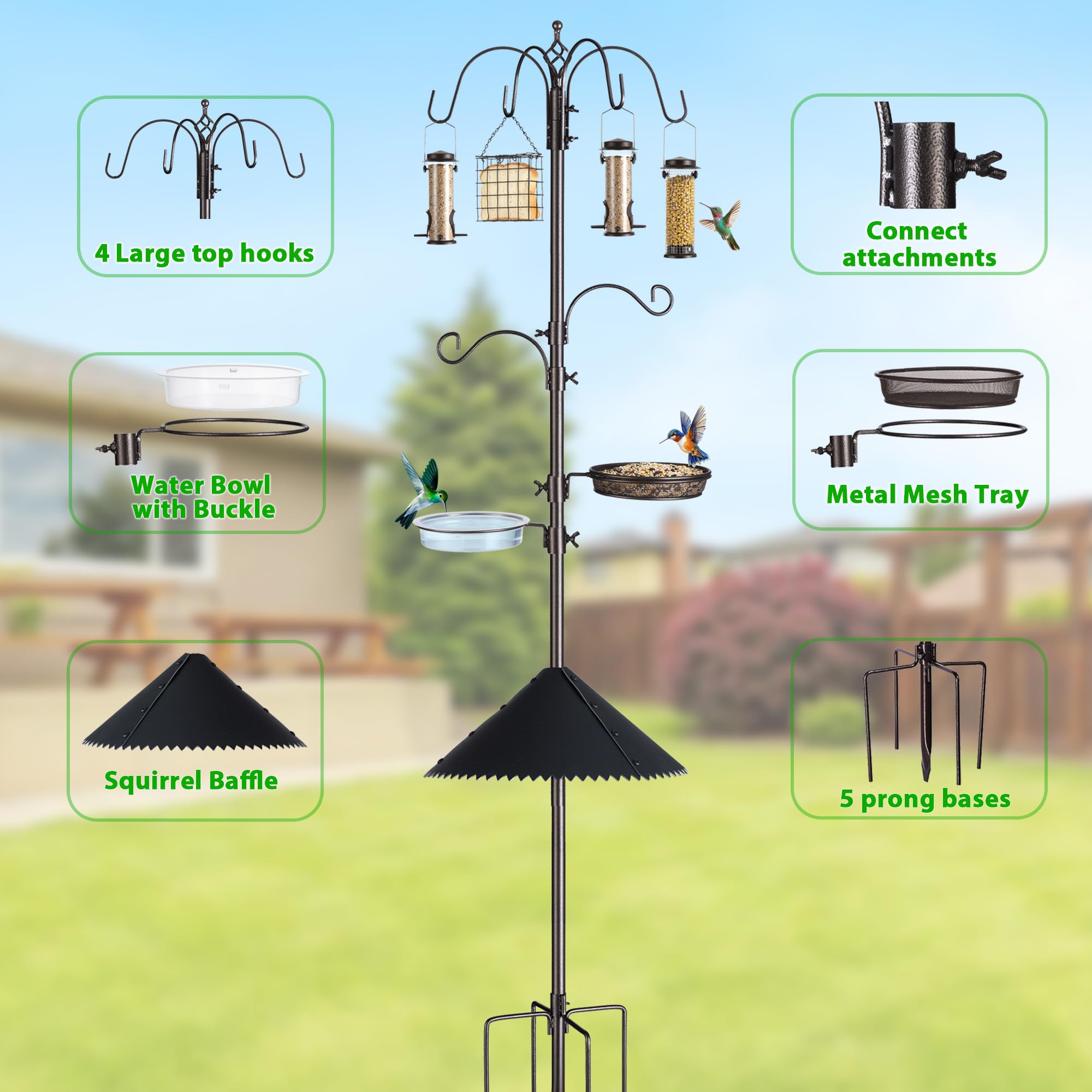 Metal mesh tray and plastic water tray included with the bird feeder