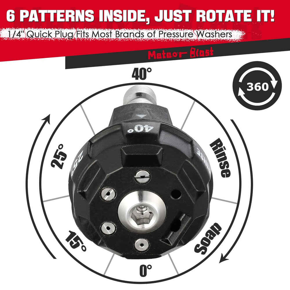Meteor Blast nozzle showing six adjustable spray patterns