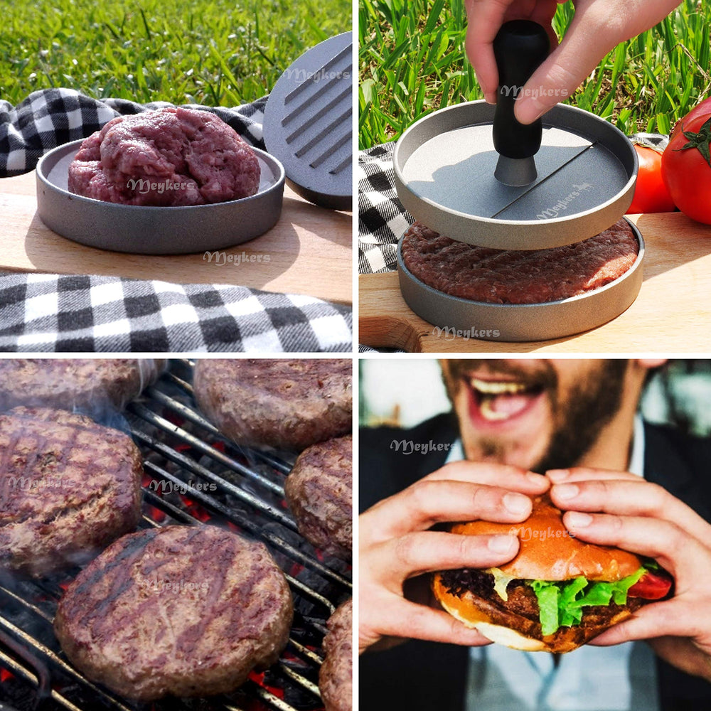 Meykers Hamburger Press with burger patties ready for grilling
