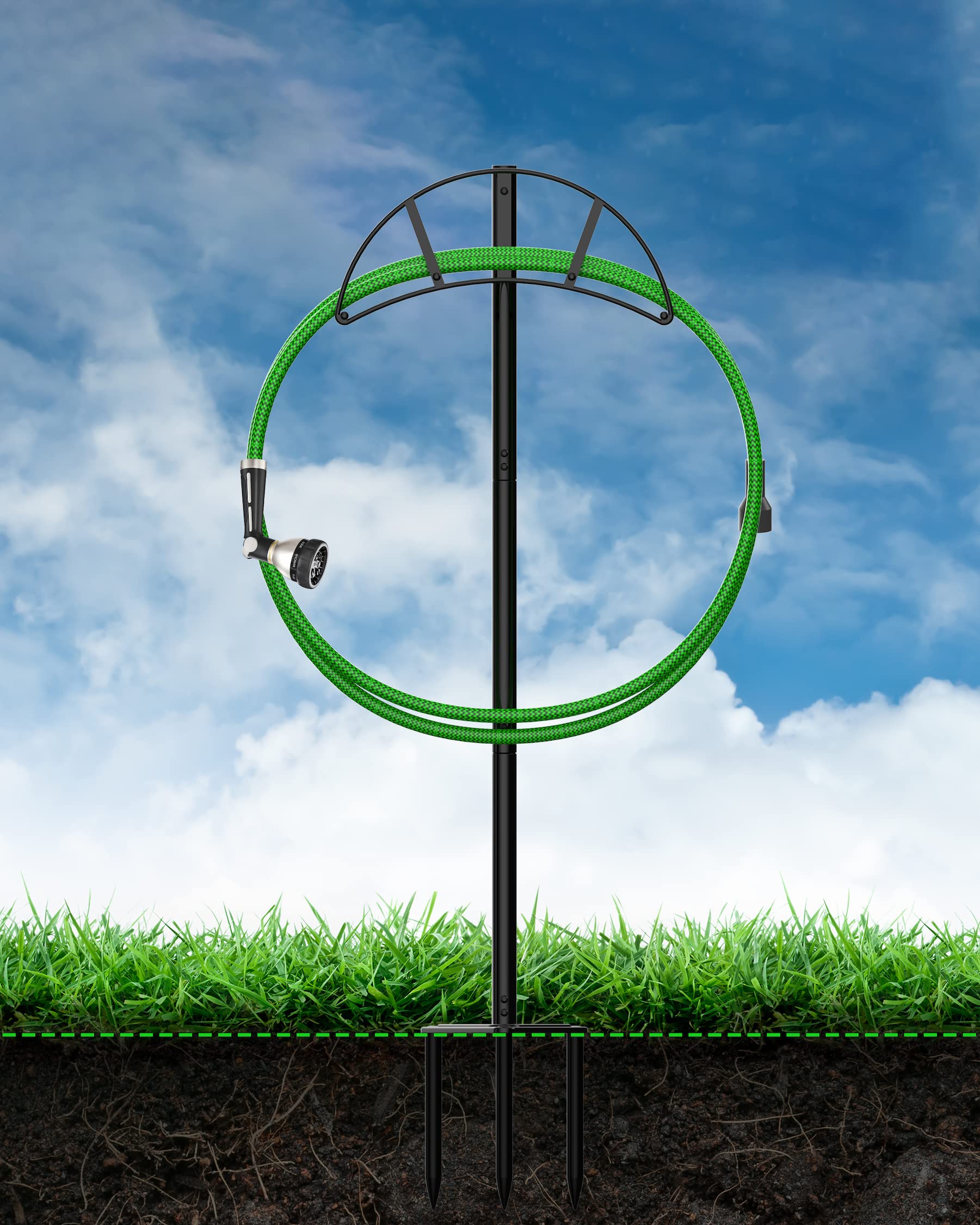 Meykwod Garden Hose Stand showing galvanized triangle plate