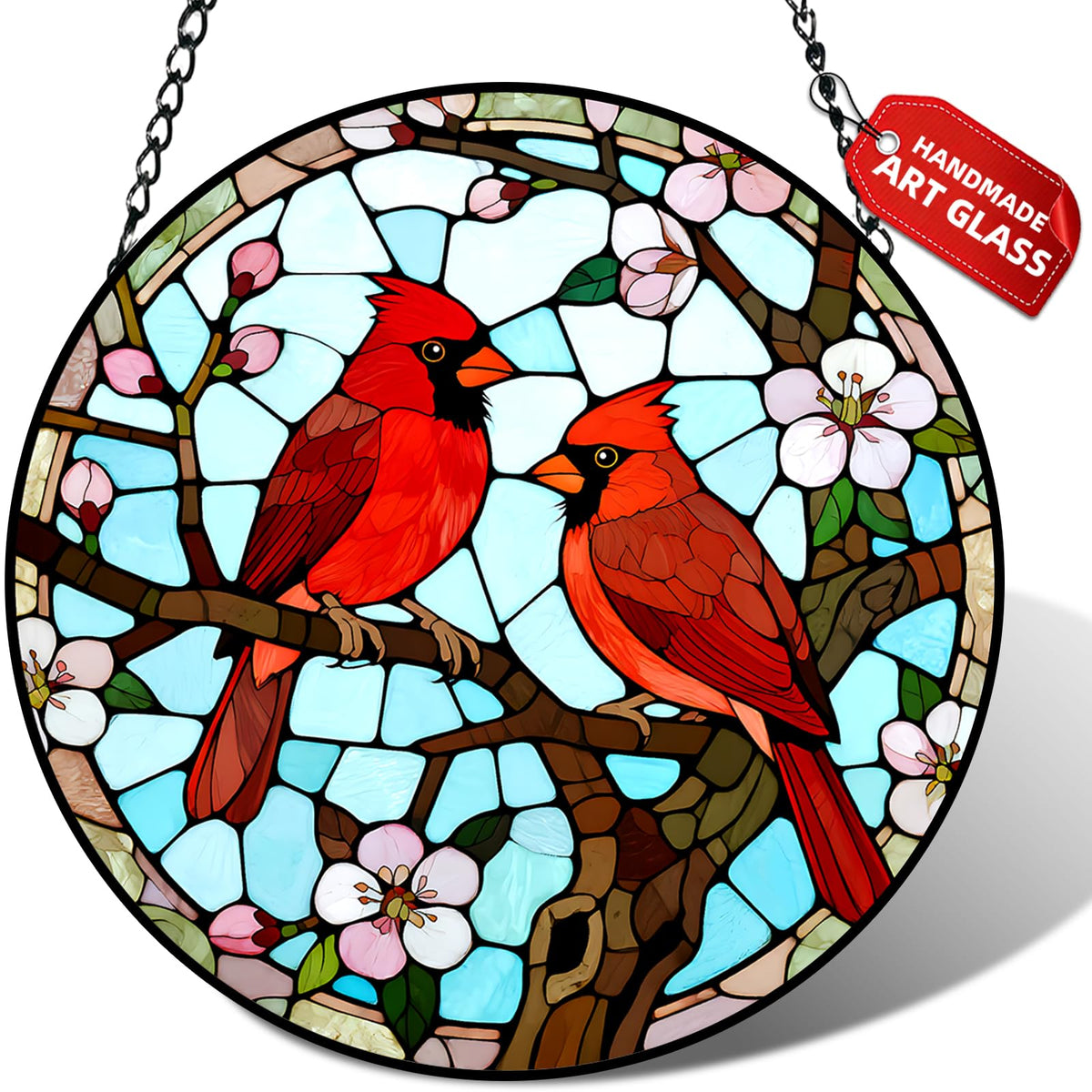 Meyocky Cardinal Pair Stained Glass Suncatcher front view