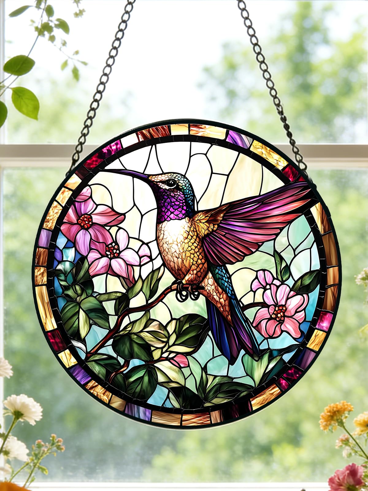 Meyocky Hummingbird suncatcher displayed in a garden