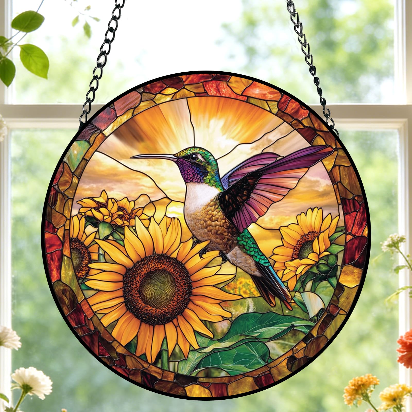 Meyocky Hummingbird Suncatcher displayed on a patio railing