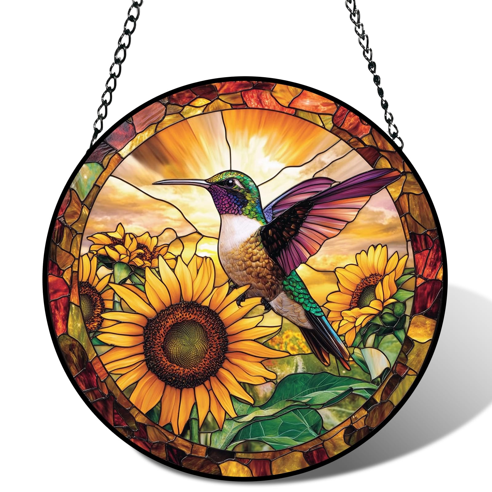 Meyocky Hummingbird Suncatcher front view with vibrant sunflower design