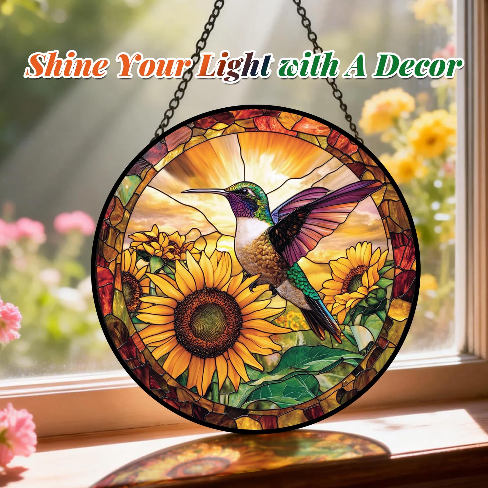 Meyocky Hummingbird Suncatcher side view showcasing stained glass details