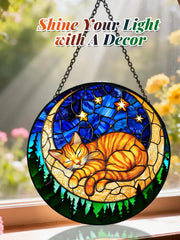 Meyocky Orange Cat Stained Glass Suncatcher close-up of design
