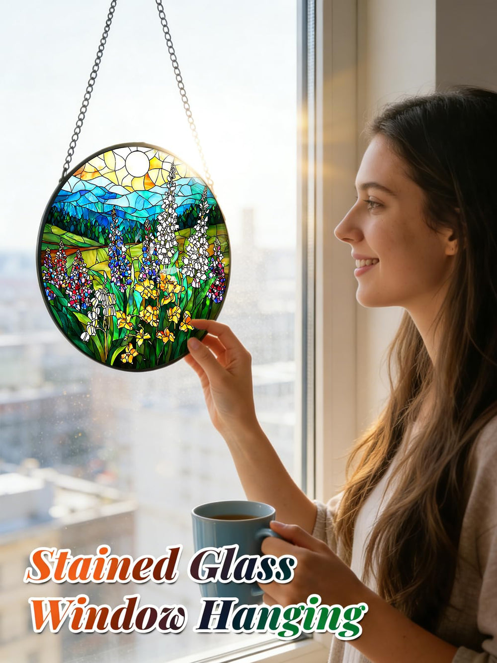 Meyocky Wildflowers stained glass suncatcher hanging in window