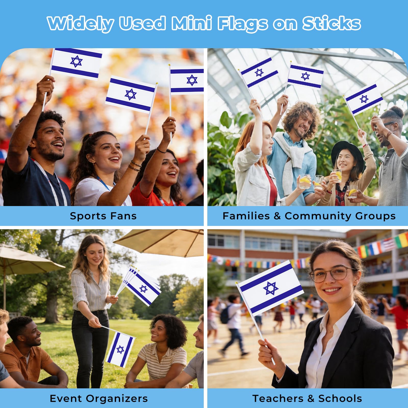 mflagperft pack of handheld Israeli flags showing packaging
