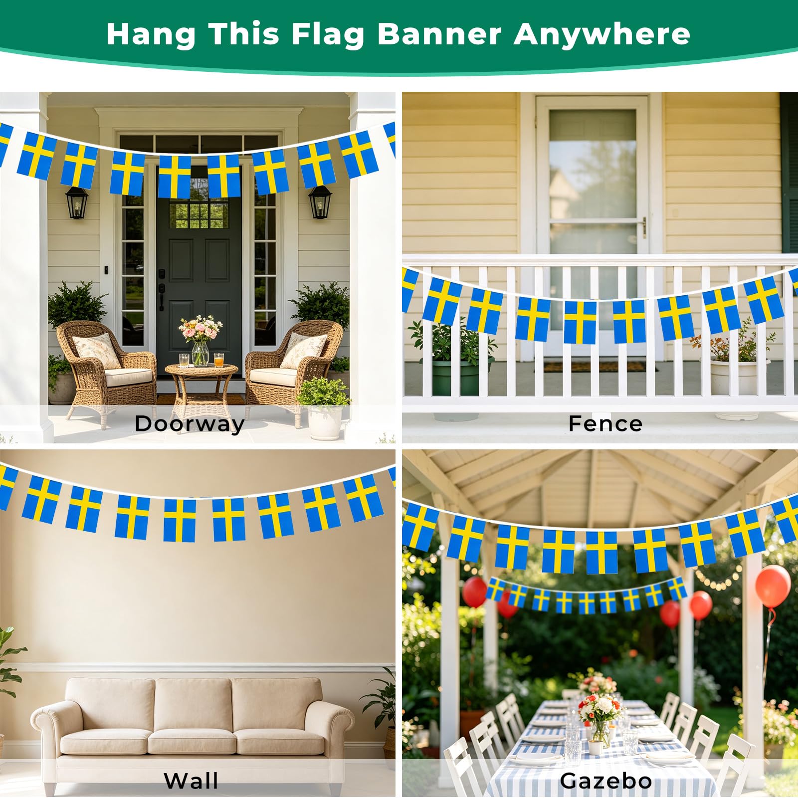 mflagperft Sweden Mini String Flags hanging on a fence