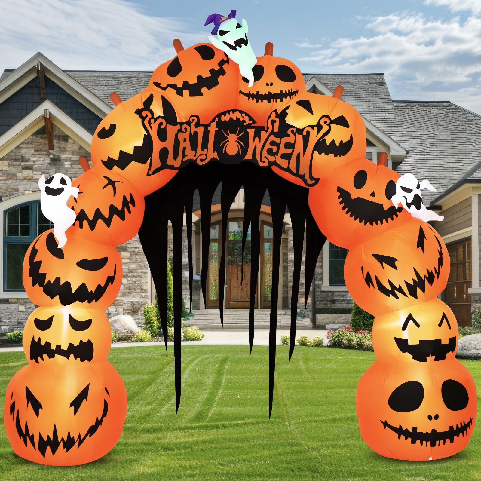 MGparty 10FT Halloween inflatable pumpkin archway side view with LED lights