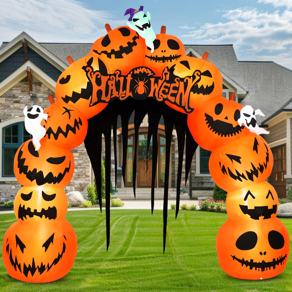MGparty 10FT Halloween inflatable pumpkin archway side view with LED lights