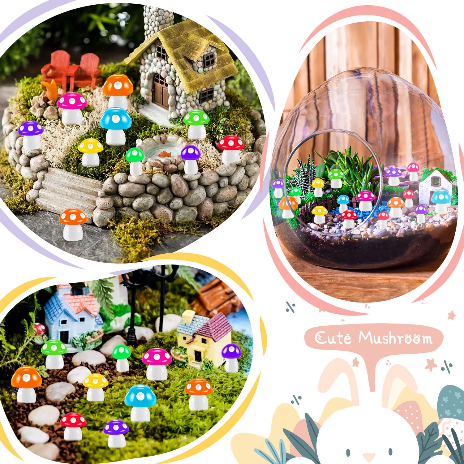 MGZTTHW Tiny Mushroom Figurines vibrant colour close-up