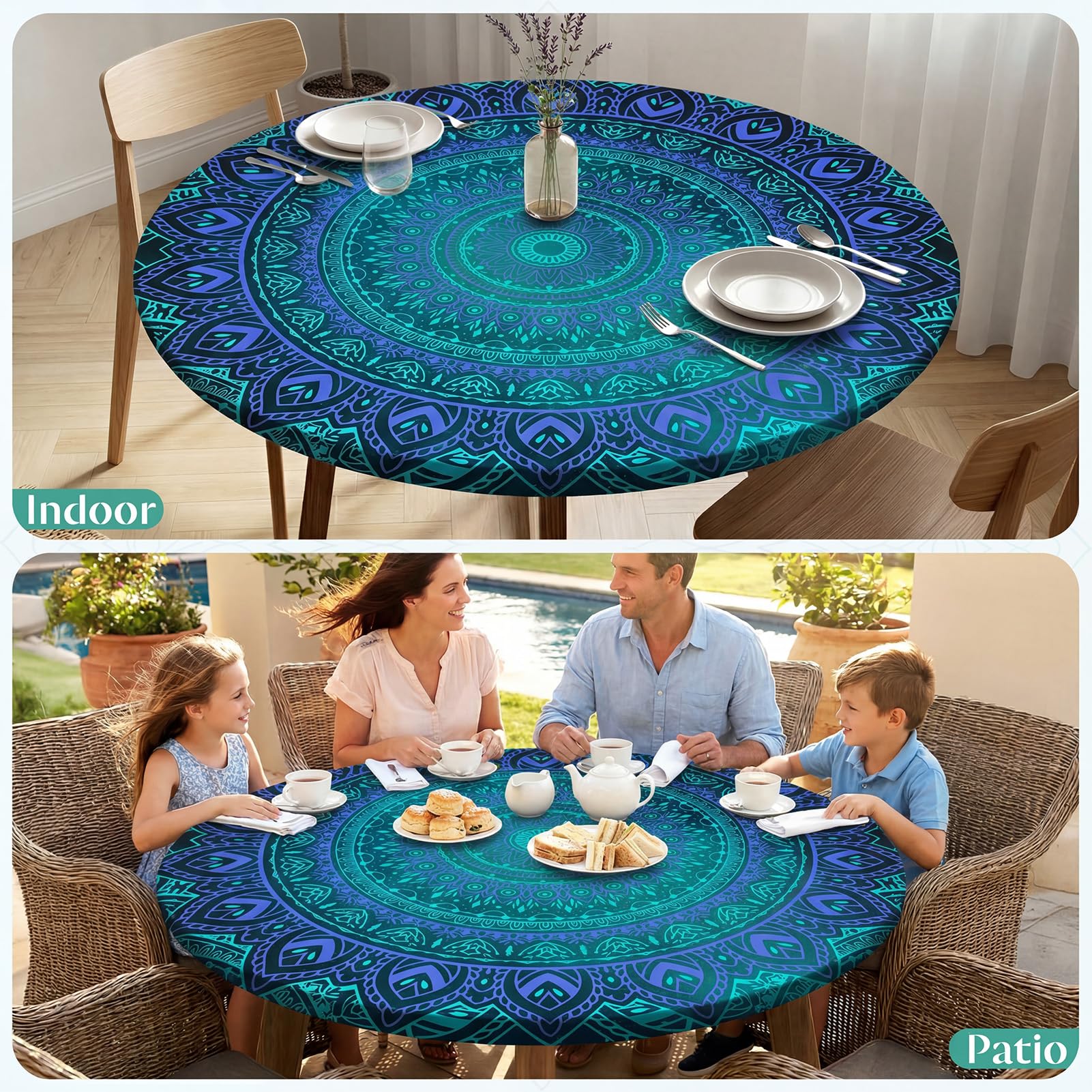 MHJY Round Tablecloth Blue Green decorative pattern