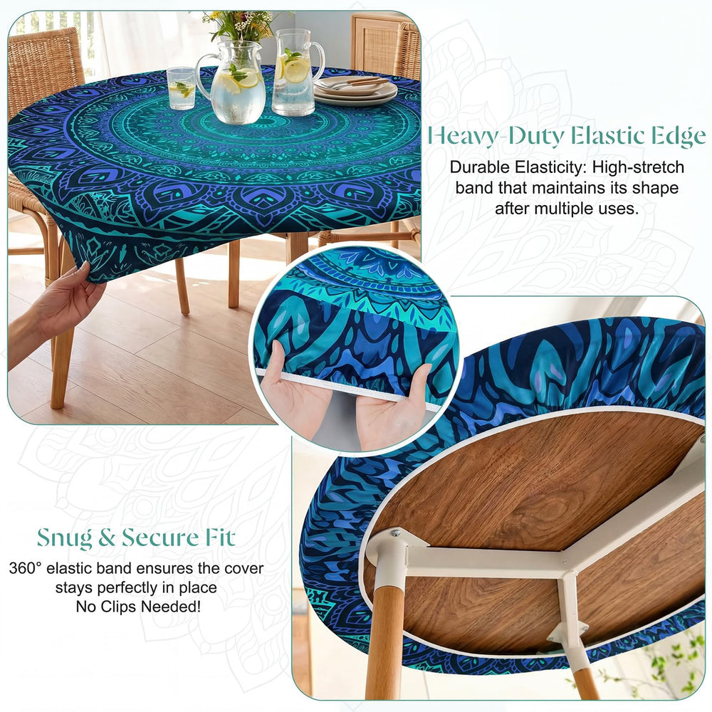 MHJY Round Tablecloth Blue Green elastic edge detail