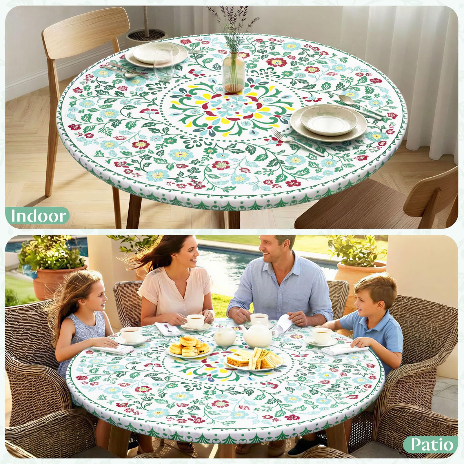 MHJY round tablecloth displayed on a dining table with food