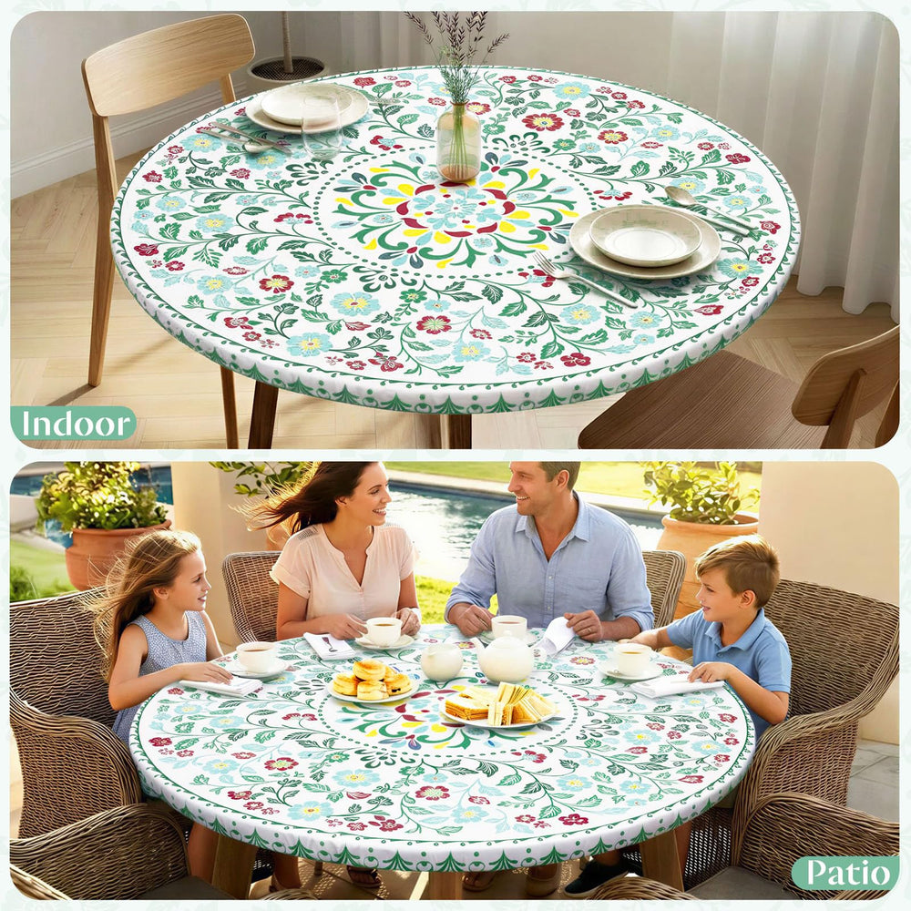 MHJY round tablecloth displayed on a dining table with food