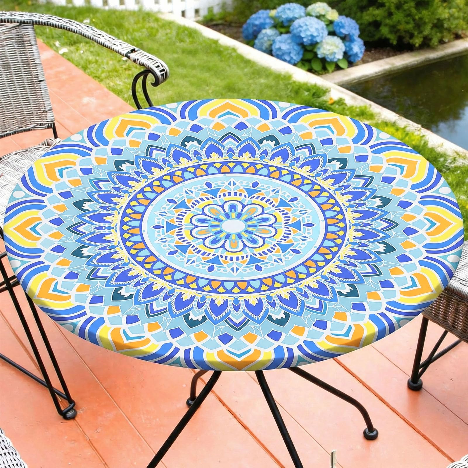 MHJY Round Tablecloth fitted elastic cover in blue orange design